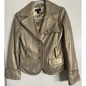 VTG Bebe Y2K Gold Metallic Genuine Leather Jacket Shimmer Moto Blazer Small Rare